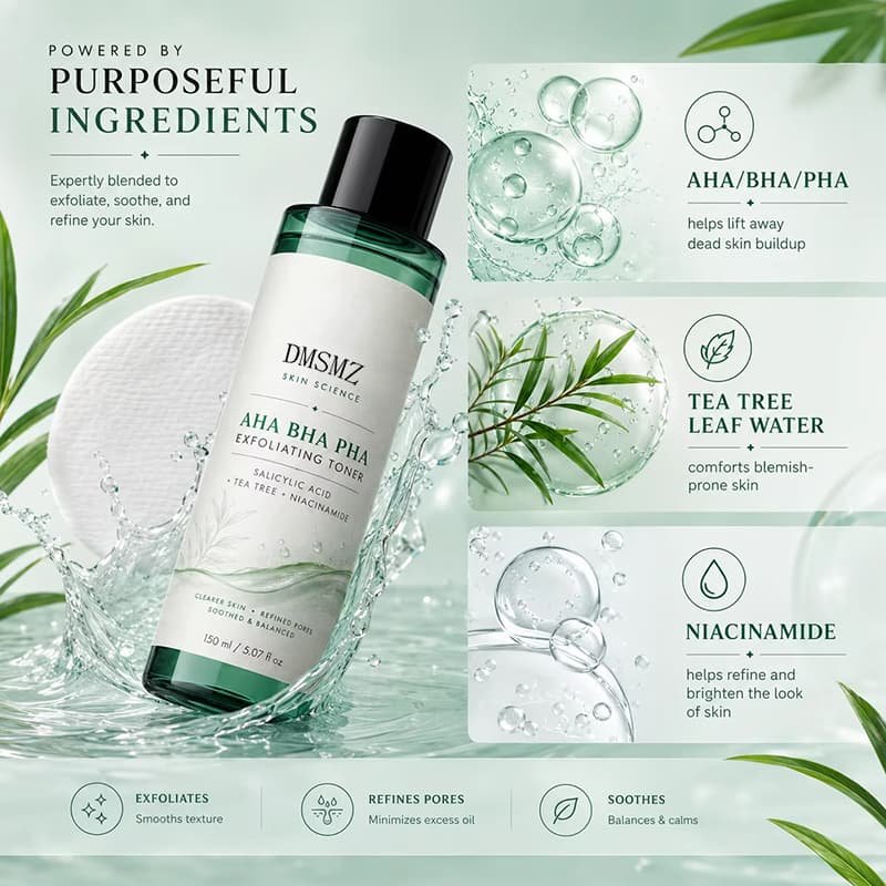 AHA BHA PHA Pore Refining Toner with tea tree and niacinamide