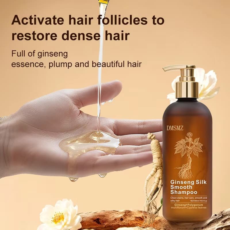 Ginseng Shampoo with ginseng botanical imagery