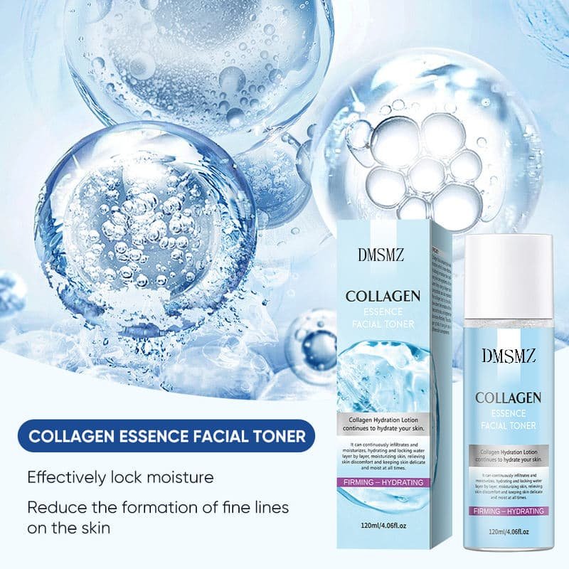 Collagen Essence Toner displayed with blue hydration-inspired bubbles