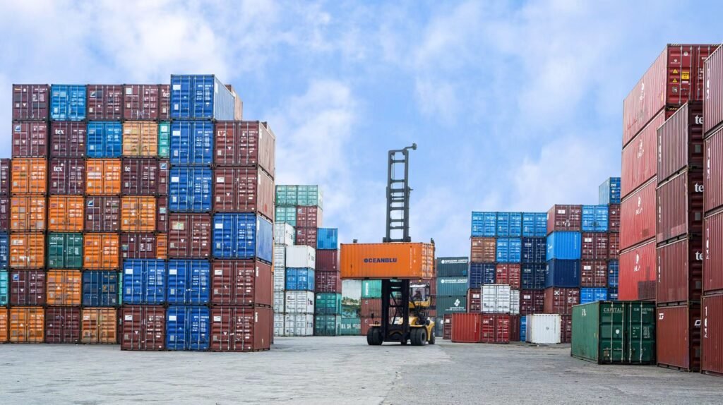 Container yard and forklift supporting international cosmetic logistics and replenishment