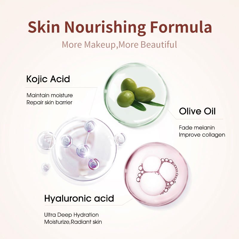 Kojic Acid Foaming Cleanser with kojic acid, olive oil and hyaluronic acid ingredient illustrations