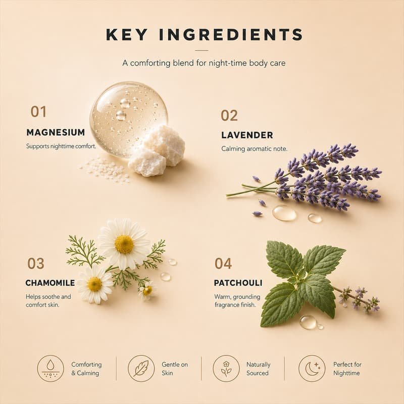 Magnesium Body Butter ingredients featuring magnesium, lavender, chamomile and patchouli