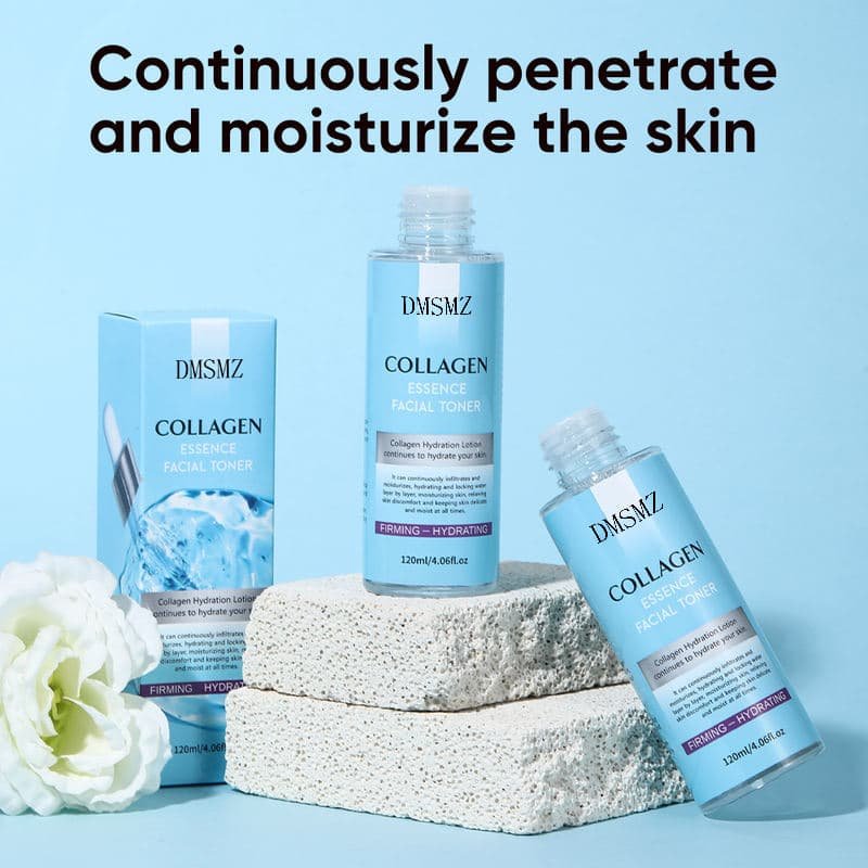 Private Label Collagen Facial Toner in blue 120 mL bottles with product packaging