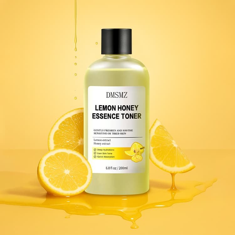 Private Label Lemon Honey Essence Toner in a 200ml bottle with fresh lemon slices and honey