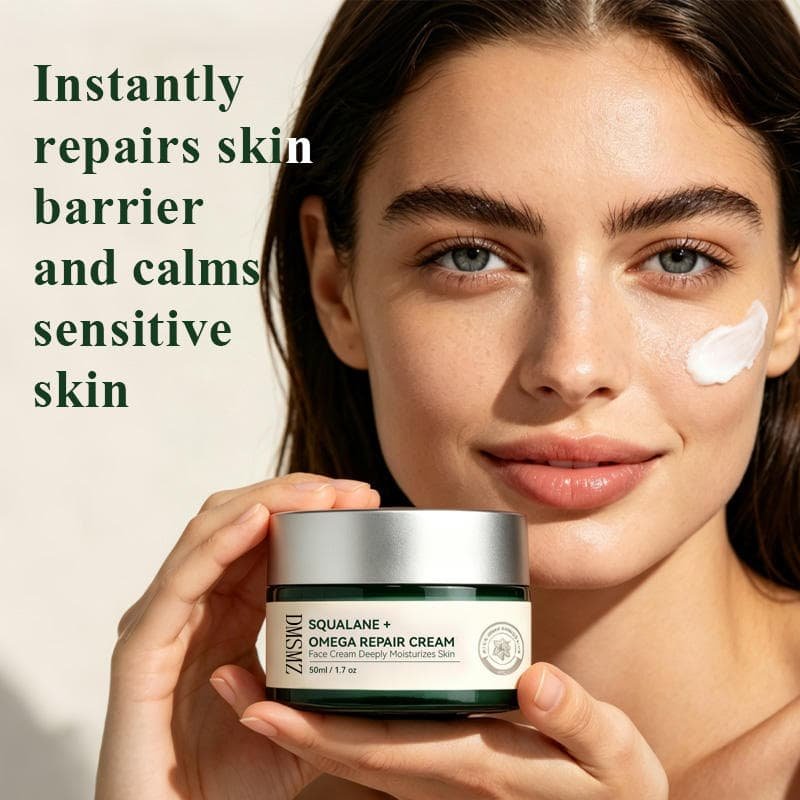 Private Label Squalane Barrier Repair Cream in a green jar held beside the face