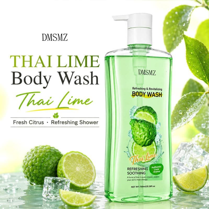 Private Label Thai Lime Body Wash in a green 750ml pump bottle with fresh citrus fruits
