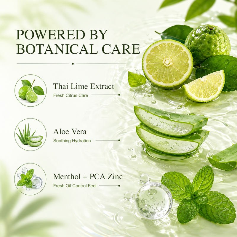 Thai Lime Shower Gel ingredients featuring lime, aloe vera, menthol and Zinc PCA